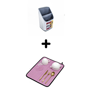 Tezgah Üstü Kaşıklık + Bulaşık Kurutma Matı 2'li Mutfak Seti, Pembe Pembe