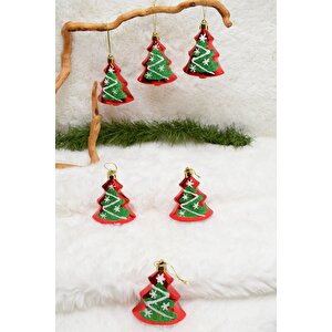 6lı Çam Ağacı Süs Kırmızı-yeşil Yılbaşı Süsü 8cm