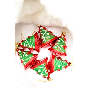 6lı Çam Ağacı Süs Kırmızı-yeşil Yılbaşı Süsü 8cm