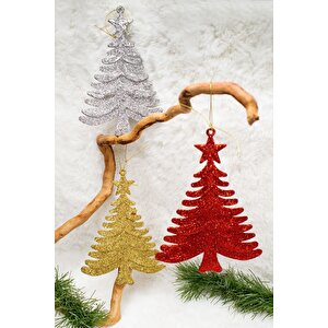 3lü Simli Çam Ağacı Gümüş-kırmızı Yılbaşı Çam Ağacı Süsü 15*10 Cm