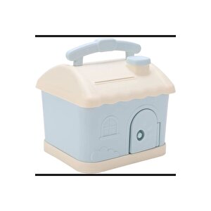 Büyük Boy Anahtarlı Kumbara Evi - Ev Şeklinde Para Kutusu - Mavi Pembe Renk Seçenekli, Mavi Mavi