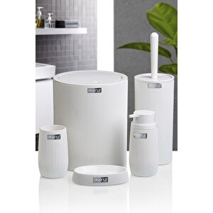 Çizgili 5 Parça Banyo Seti Çöp Kovası Tuvalet Fırçası Diş Fırçalık Sıvı Sabunluk Katı Sabunluk, Beyaz Beyaz