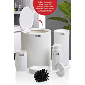 Çizgili 5 Parça Banyo Seti Çöp Kovası Tuvalet Fırçası Diş Fırçalık Sıvı Sabunluk Katı Sabunluk, Beyaz Beyaz