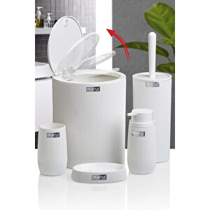 Çizgili 5 Parça Banyo Seti Çöp Kovası Tuvalet Fırçası Diş Fırçalık Sıvı Sabunluk Katı Sabunluk, Beyaz Beyaz