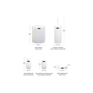 Çizgili 5 Parça Banyo Seti Çöp Kovası Tuvalet Fırçası Diş Fırçalık Sıvı Sabunluk Katı Sabunluk, Beyaz