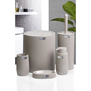 Çizgili 5 Parça Banyo Seti Çöp Kovası Tuvalet Fırçası Diş Fırçalık Sıvı Sabunluk Katı Sabunluk, Krem Krem