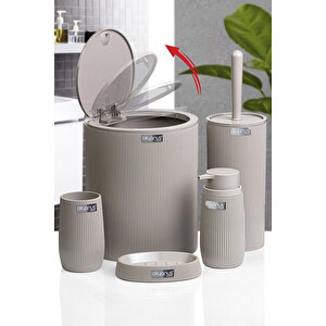 Çizgili 5 Parça Banyo Seti Çöp Kovası Tuvalet Fırçası Diş Fırçalık Sıvı Sabunluk Katı Sabunluk, Krem Krem