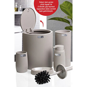 Çizgili 5 Parça Banyo Seti Çöp Kovası Tuvalet Fırçası Diş Fırçalık Sıvı Sabunluk Katı Sabunluk, Krem Krem