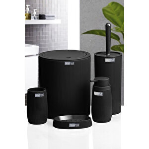 Çizgili 5 Parça Banyo Seti Çöp Kovası Tuvalet Fırçası Diş Fırçalık Sıvı Sabunluk Katı Sabunluk, Siyah Siyah