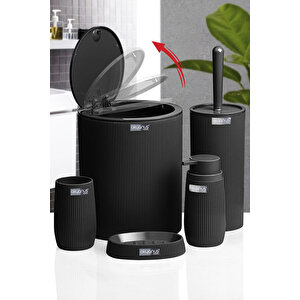 Çizgili 5 Parça Banyo Seti Çöp Kovası Tuvalet Fırçası Diş Fırçalık Sıvı Sabunluk Katı Sabunluk, Siyah Siyah