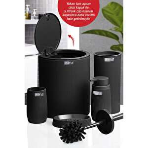 Çizgili 5 Parça Banyo Seti Çöp Kovası Tuvalet Fırçası Diş Fırçalık Sıvı Sabunluk Katı Sabunluk, Siyah Siyah