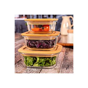 Bambu Kapaklı Vakumlu 3'lü Kare Cam Kase Saklama Kabı Seti