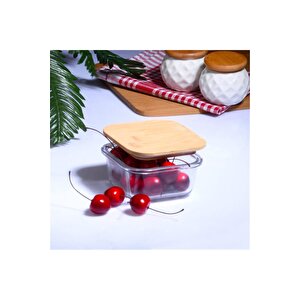 Bambu Kapaklı Vakumlu 3'lü Kare Cam Kase Saklama Kabı Seti