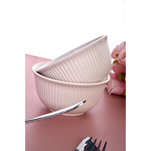 6 Adet Çizgili Kase Seti - Beyaz - Kahvaltılık/çerezlik/sunumluk - Çorba Kasesi