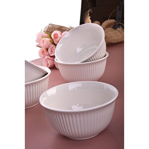 6 Adet Çizgili Kase Seti - Beyaz - Kahvaltılık/çerezlik/sunumluk - Çorba Kasesi