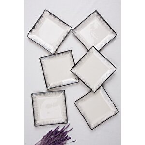 6 Lı Kare Pasta Tabak Seti Siyah Kre Kahvaltı Sunum Tabağı