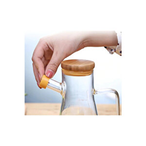 900 Ml Cam Yağlık Sütlük Sosluk Vakumlu Bambu Kapaklı Borosilikat