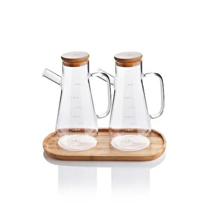 2x900 Ml Standlı Cam Yağlık Seti Sütlük Sosluk Vakumlu Bambu Kapaklı Borosilikat