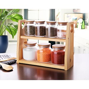 Ahşap Standlı Bambu Kapaklı 7'li Cam Baharat Takımı