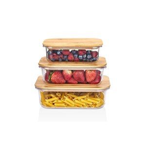 Arispa Mira 3'lü Bambu Kapaklı Kristal Mika Saklama Kabı | Bpa Free Sert Plastik Mika Saklama Kabı