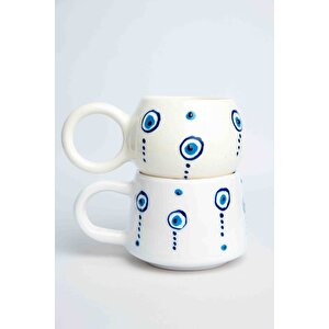 El Yapımı Seramik 2'li Nazar Kahve Fincanı, Seramik Double Kupa, 2 Kulp, Seramik Damla Nazar