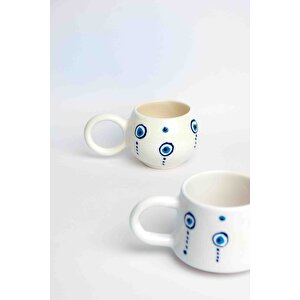 El Yapımı Seramik 2'li Nazar Kahve Fincanı, Seramik Double Kupa, 2 Kulp, Seramik Damla Nazar