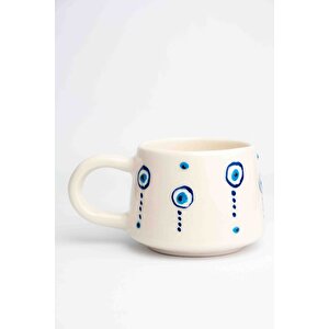 El Yapımı Seramik 2'li Nazar Kahve Fincanı, Seramik Double Kupa, 2 Kulp, Seramik Damla Nazar