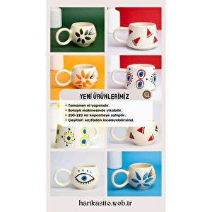 El Yapımı Seramik 2'li Nazar Kahve Fincanı, Seramik Double Kupa, 2 Kulp, Seramik Damla Nazar