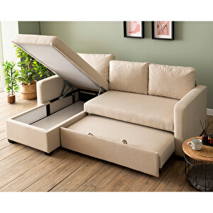 Kado Yataklı Köşe Koltuk Takımı - Keten Krem Krem