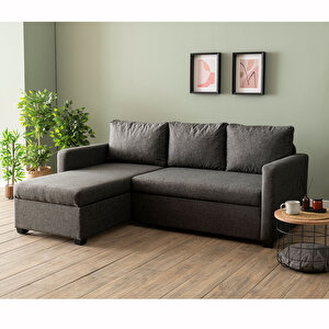 Kado Yataklı Köşe Koltuk Takımı - Keten Koyu Gri Koyu Gri