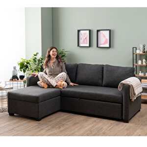 Kado Yataklı Köşe Koltuk Takımı - Keten Koyu Gri Koyu Gri