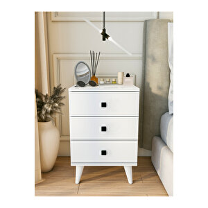 Komodin Parlak Beyaz 3 Çekmeceli Modern Komodin Yatak Odası Kare