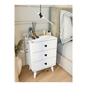 Komodin Parlak Beyaz 3 Çekmeceli Modern Komodin Yatak Odası Kare