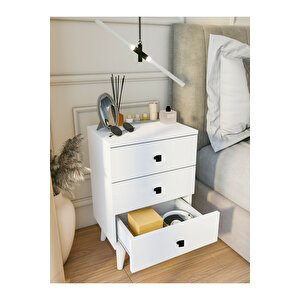 Komodin Parlak Beyaz 3 Çekmeceli Modern Komodin Yatak Odası Kare
