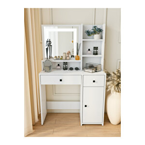 Makyaj Masası Beyaz Takı Aksesuar Düzenleyici Çekmeceli Raflı Aynalı Özel Led Ayna Kare