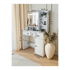 Makyaj Masası Beyaz Takı Aksesuar Düzenleyici Çekmeceli Raflı Aynalı Özel Led Ayna Kare