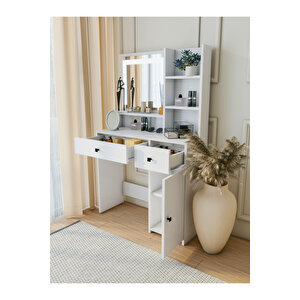 Makyaj Masası Beyaz Takı Aksesuar Düzenleyici Çekmeceli Raflı Aynalı Özel Led Ayna Kare