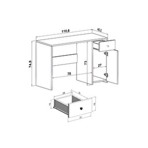 Çalışma Masası Parlak Beyaz Marbella Çekmeceli Bilgisayar Masası Dolaplı Masa