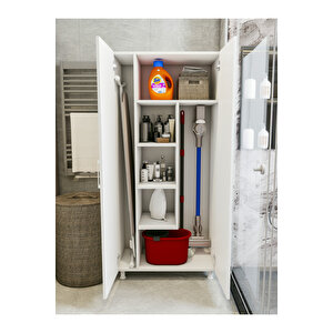 Çok Amaçlı Dolap Beyaz Banyo Düzenleyici Kiler Dolabı Kova Süpürge Deterjan Dolabı Krom