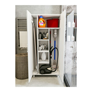 Çok Amaçlı Dolap Beyaz Banyo Düzenleyici Kiler Dolabı Kova Süpürge Deterjan Dolabı Krom