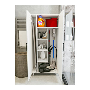 Çok Amaçlı Dolap Beyaz Banyo Düzenleyici Kiler Dolabı Kova Süpürge Deterjan Dolabı