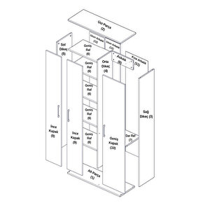 Portmanto Parlak Beyaz Ayakkabılık Vestiyer 3 Kapaklı Krom Kulp