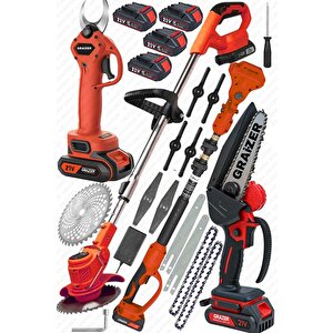 Alman 3 İn 1 Set Akülü Çim Ot Biçme Şarjlı Ağaç Dal Kesme Budama Makası Testere Teleskop