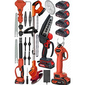 Alman 3 İn 1 Set Akülü Çim Ot Biçme Şarjlı Ağaç Dal Kesme Budama Makası Testere Teleskop