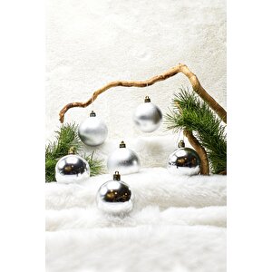 6 Cm 6lı Gümüş Cici Top (3 Parlak-3 Metalize) Yılbaşı Ağacı Süs