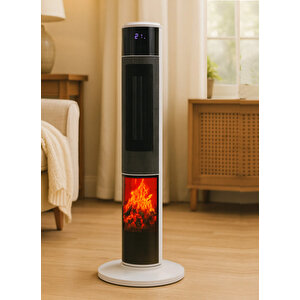 German 2071 L White Oval Seri Oled Şömineli Ekran Dijital Kule Tipi Seramik Fanlı Isıtıcı 80 Cm