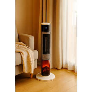 German HG-WHIO White Oval Seri OLED Şömineli Ekran Dijital Kule Tipi Seramik Fanlı Isıtıcı