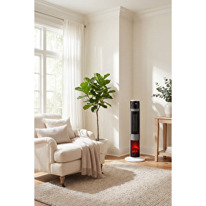 German HG-WHIO White Oval Seri OLED Şömineli Ekran Dijital Kule Tipi Seramik Fanlı Isıtıcı