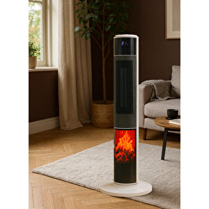 German 2071 L White Oval Seri Oled Şömineli Ekran Dijital Kule Tipi Seramik Fanlı Isıtıcı 80 Cm