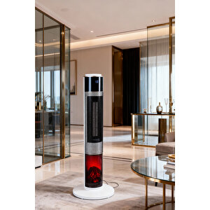 German HG-WHIO White Oval Seri OLED Şömineli Ekran Dijital Kule Tipi Seramik Fanlı Isıtıcı